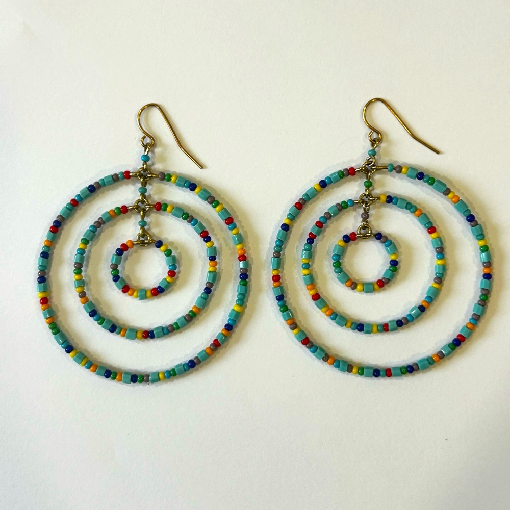 Turquoise and multicolored beaded hoop dangle earrings